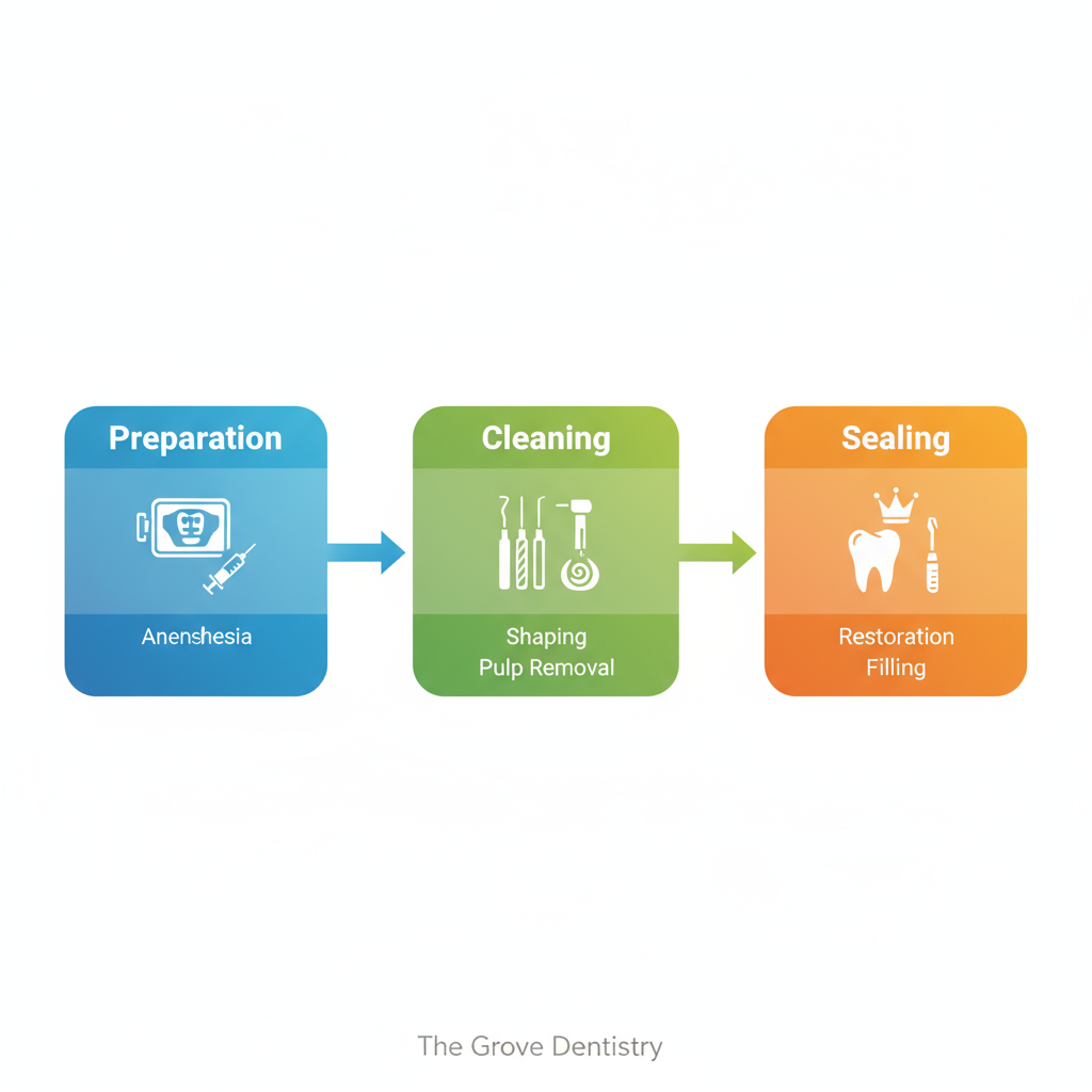 Horizontal process flow diagram of root canal procedure stages: preparation, cleaning, and sealing