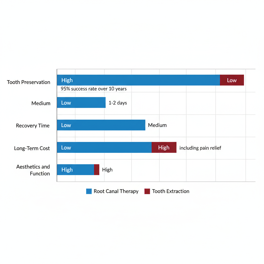 Bar chart comparing root canal therapy and tooth extraction benefits on preservation, recovery time, cost, and aesthetics