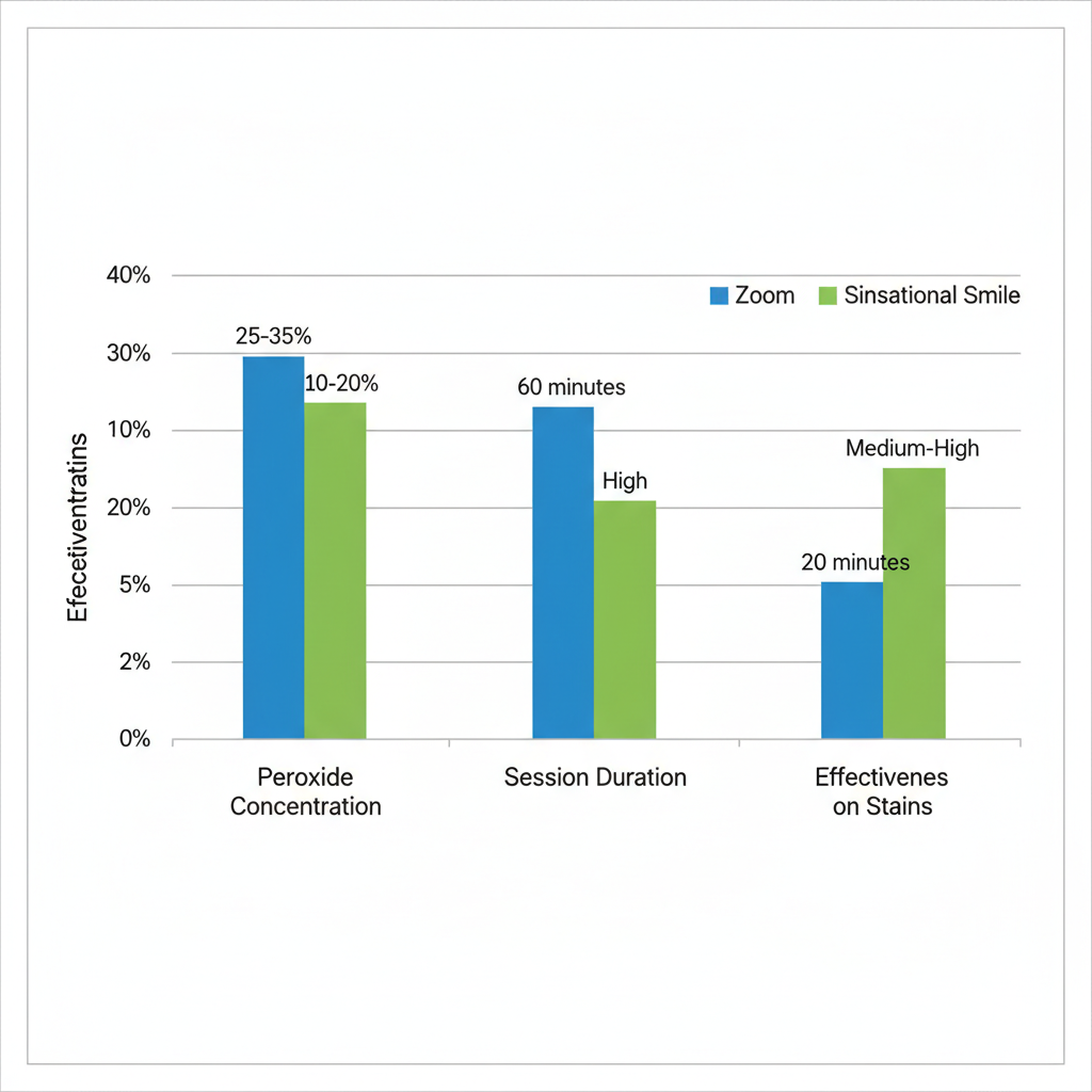 Bar chart comparing features of Zoom and Sinsational Smile teeth whitening systems including peroxide concentration, session duration, and stain effectiveness