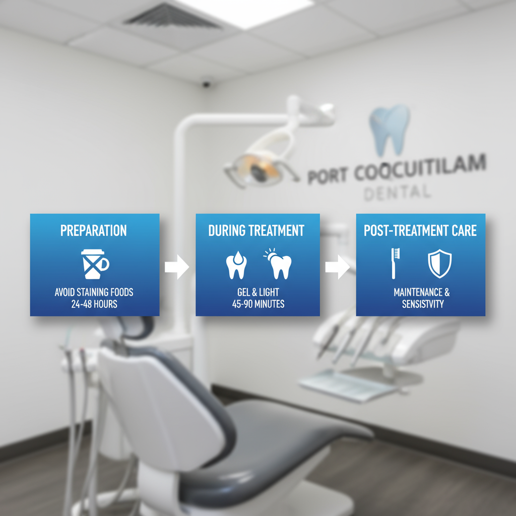 Horizontal process flow illustrating three stages of professional teeth whitening: preparation, during treatment, and post-treatment care