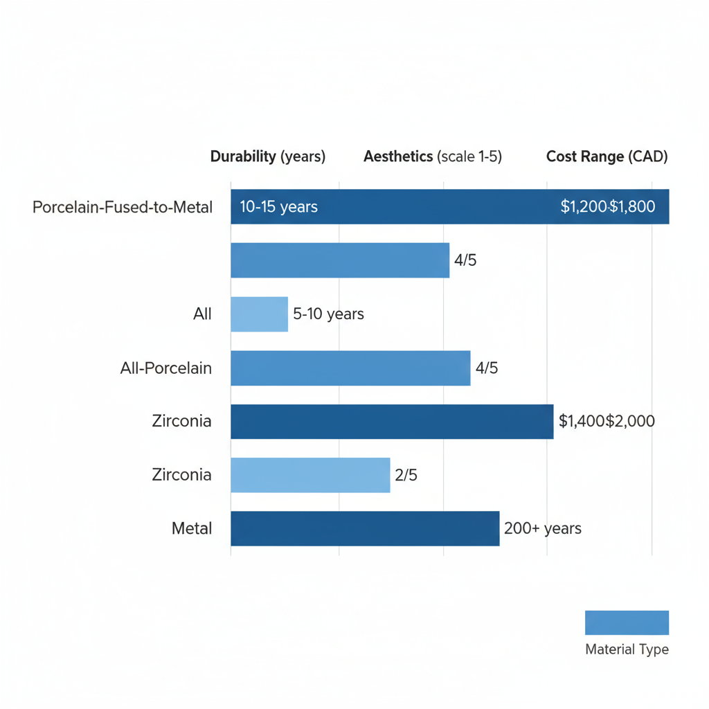 Horizontal bar chart comparing dental crown materials by durability, aesthetics, and cost in CAD for Port Coquitlam patients