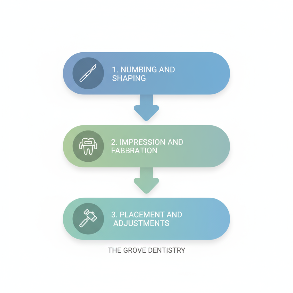 Vertical process flow diagram of the three main stages in dental crown procedure