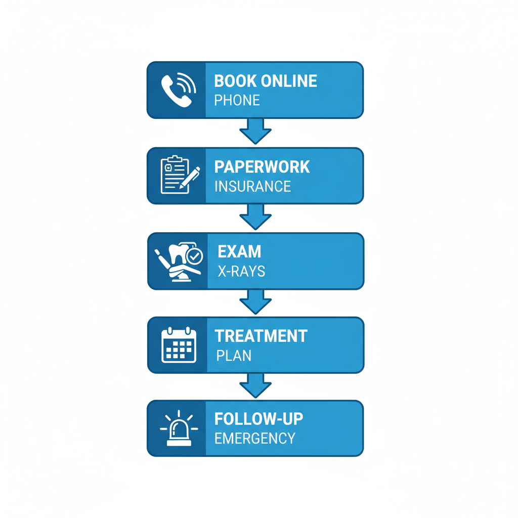 Vertical process flow diagram illustrating the five steps to start dental care at a family clinic in Port Coquitlam