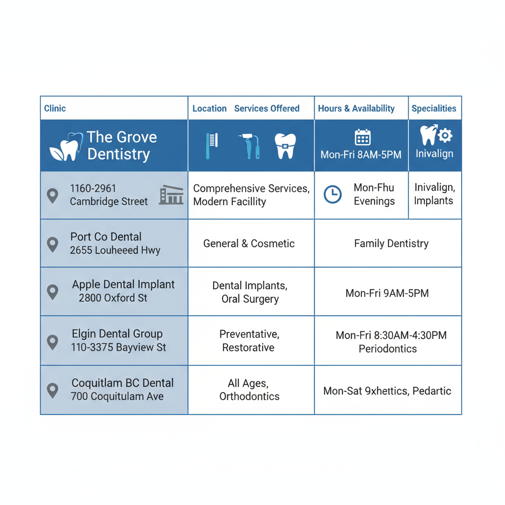 Infographic comparing top dental clinics in Port Coquitlam, featuring The Grove Dentistry's services, location, hours, and specialties.