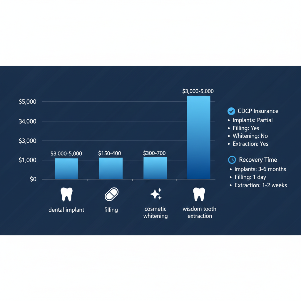Bar chart displaying cost ranges for dental implants, fillings, cosmetic whitening, and wisdom tooth extractions in Port Coquitlam, including insurance and recovery notes