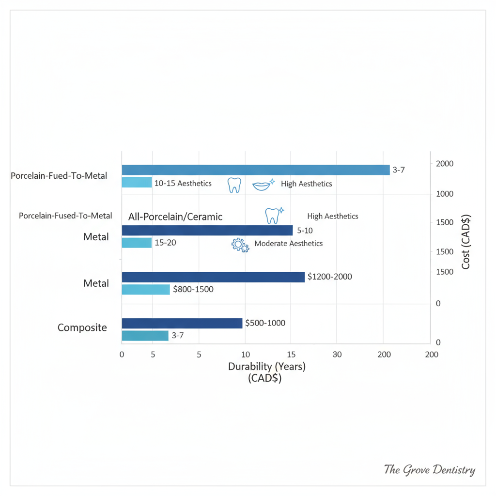Bar chart comparing dental crown materials by durability, aesthetics, and cost in CAD