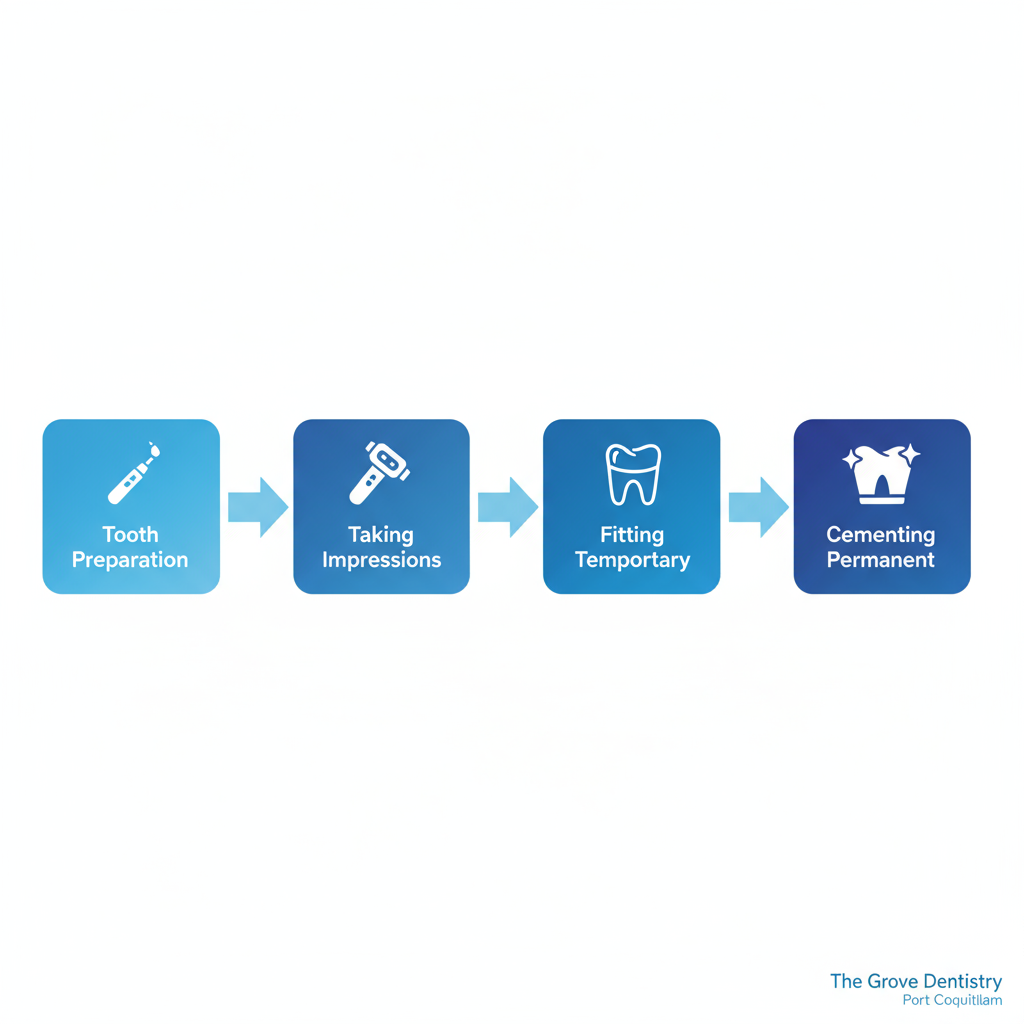 Horizontal process flow diagram illustrating the four steps of the dental crown procedure: tooth preparation, impressions, temporary crown fitting, and permanent crown cementing with icons.