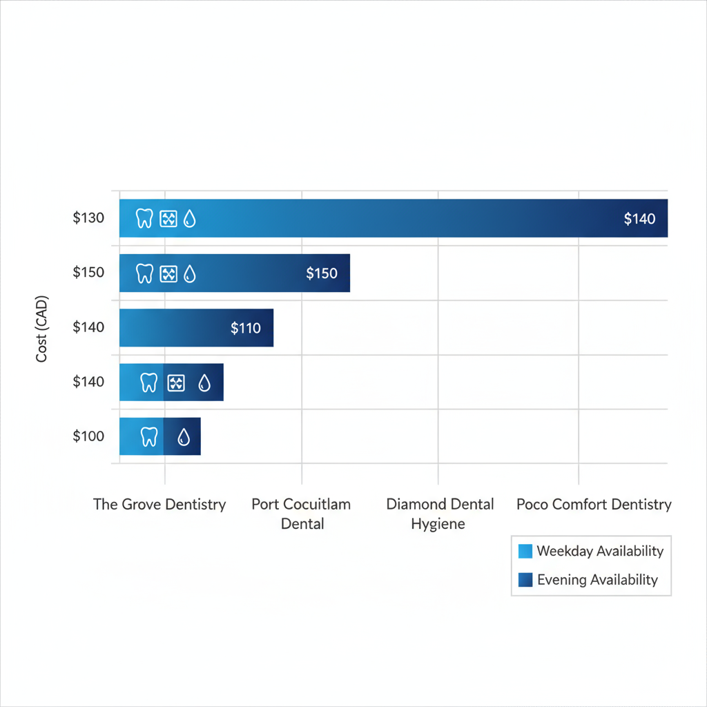 Horizontal bar chart comparing average dental cleaning costs across four clinics in Port Coquitlam with service icons and availability legend