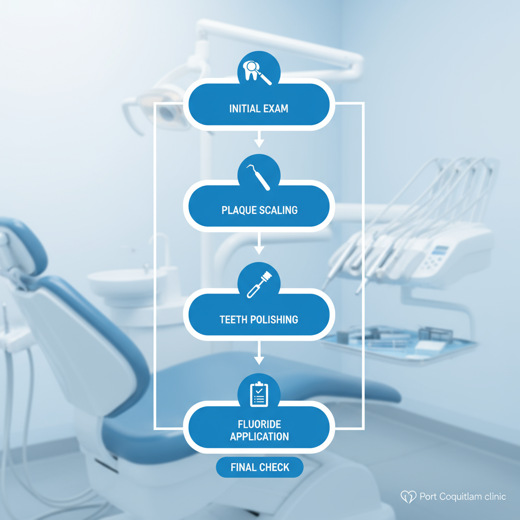 Vertical process flow diagram of five stages in a dental cleaning procedure