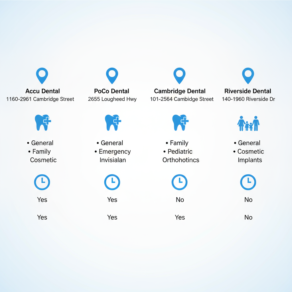 Infographic comparing features of dental clinics in Port Coquitlam including location, services, emergency care, and family focus