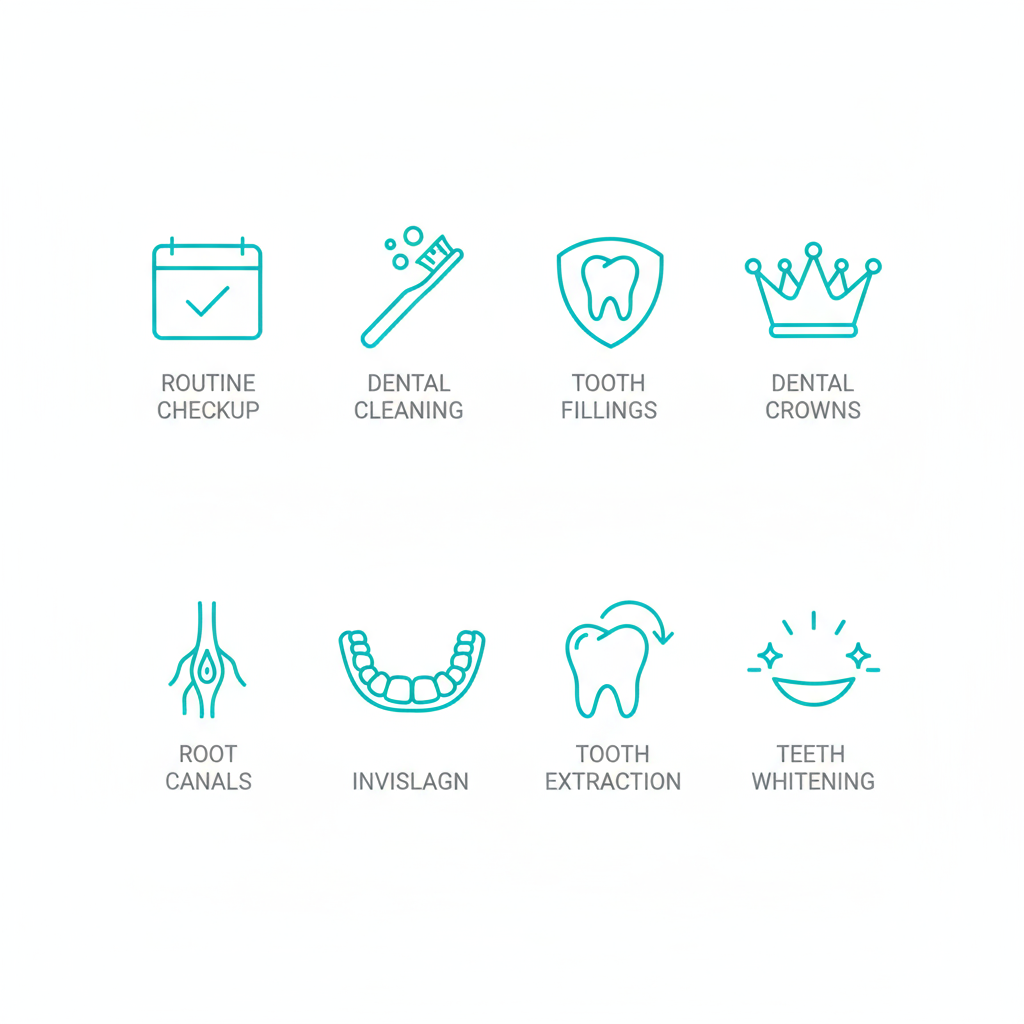 Grid of eight icons illustrating dental services: checkup, cleaning, fillings, crowns, root canals, Invisalign, extractions, and whitening