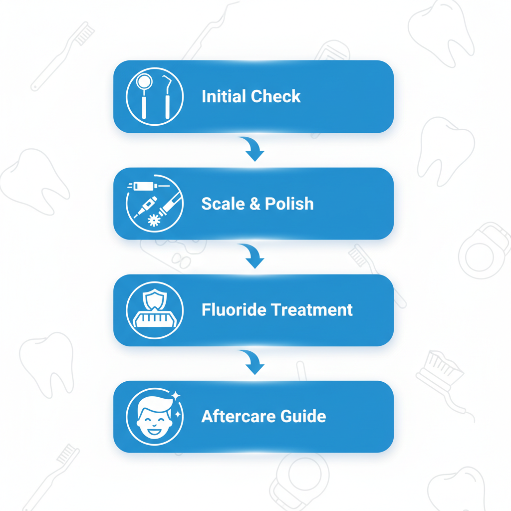 Visual diagram of the four-step dental cleaning process including examination, scaling, polishing, fluoride application, and aftercare instructions