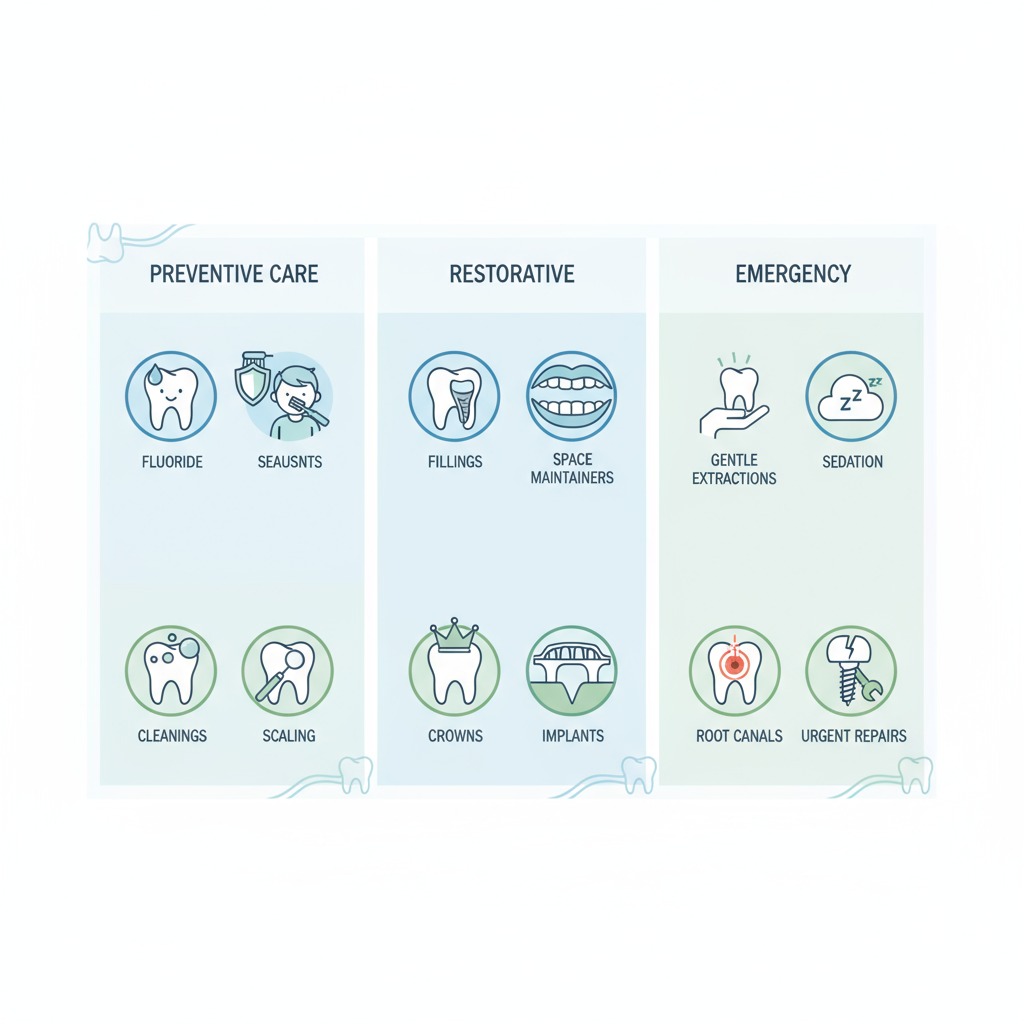 Infographic illustrating differences in preventive, restorative, and emergency dental services for pediatric and adult patients