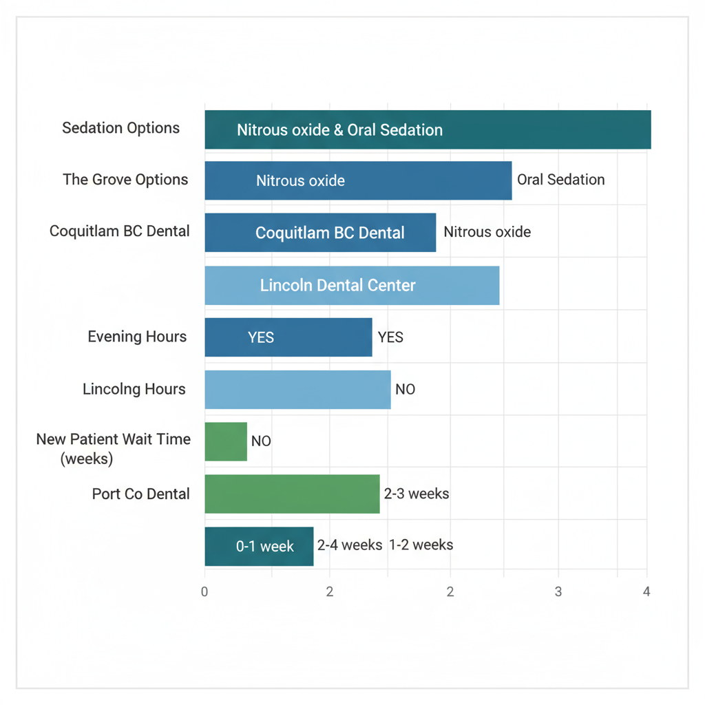 Bar chart comparing sedation options, evening hours, and wait times for pediatric dentists in Port Coquitlam.