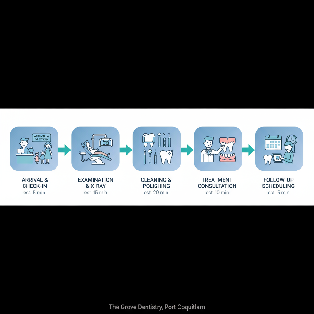 Horizontal process flow diagram showing five steps of a family dental visit: arrival, examination, cleaning, consultation, and follow-up scheduling with icons and times.