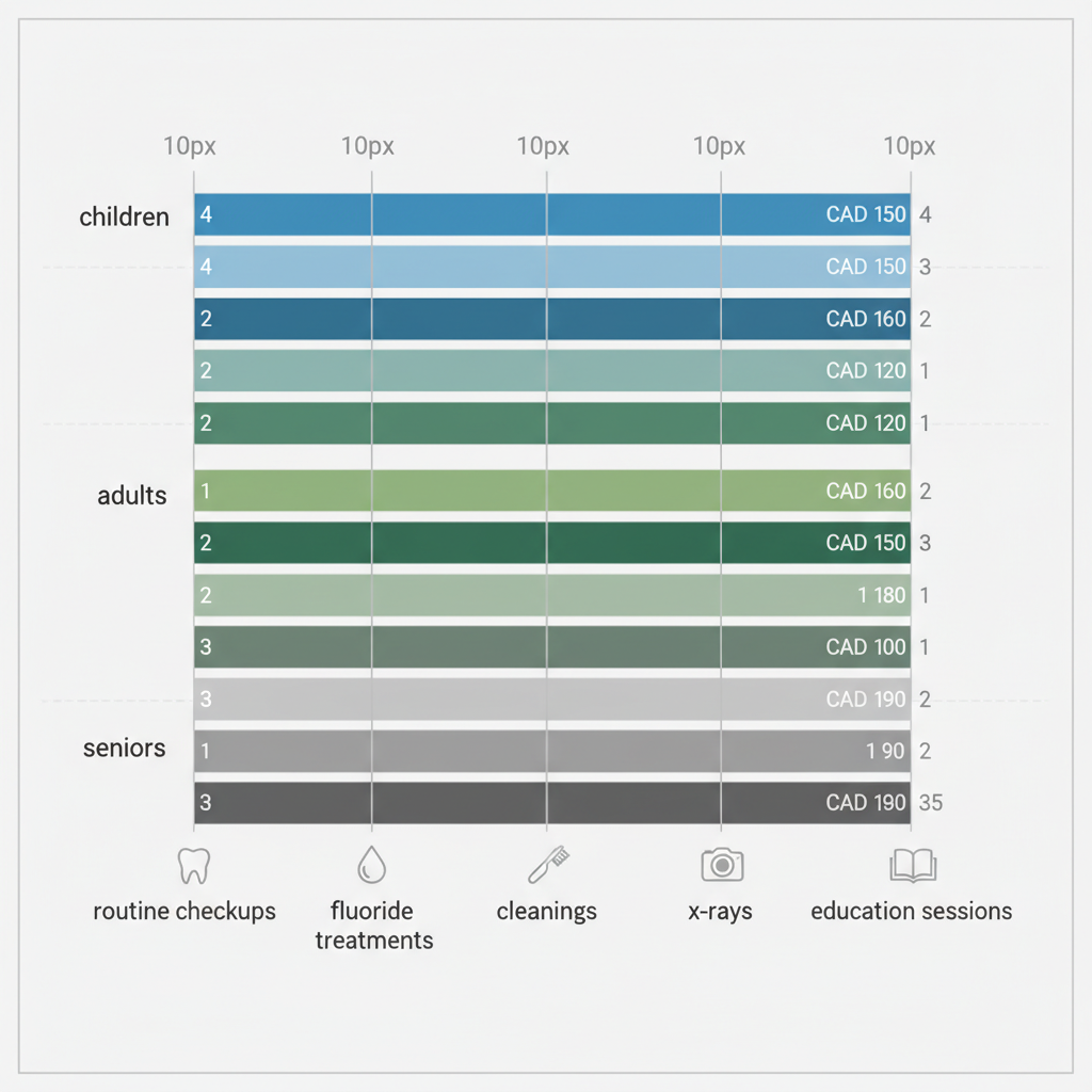 Horizontal bar chart comparing family preventive dental care services by age group including costs and frequency