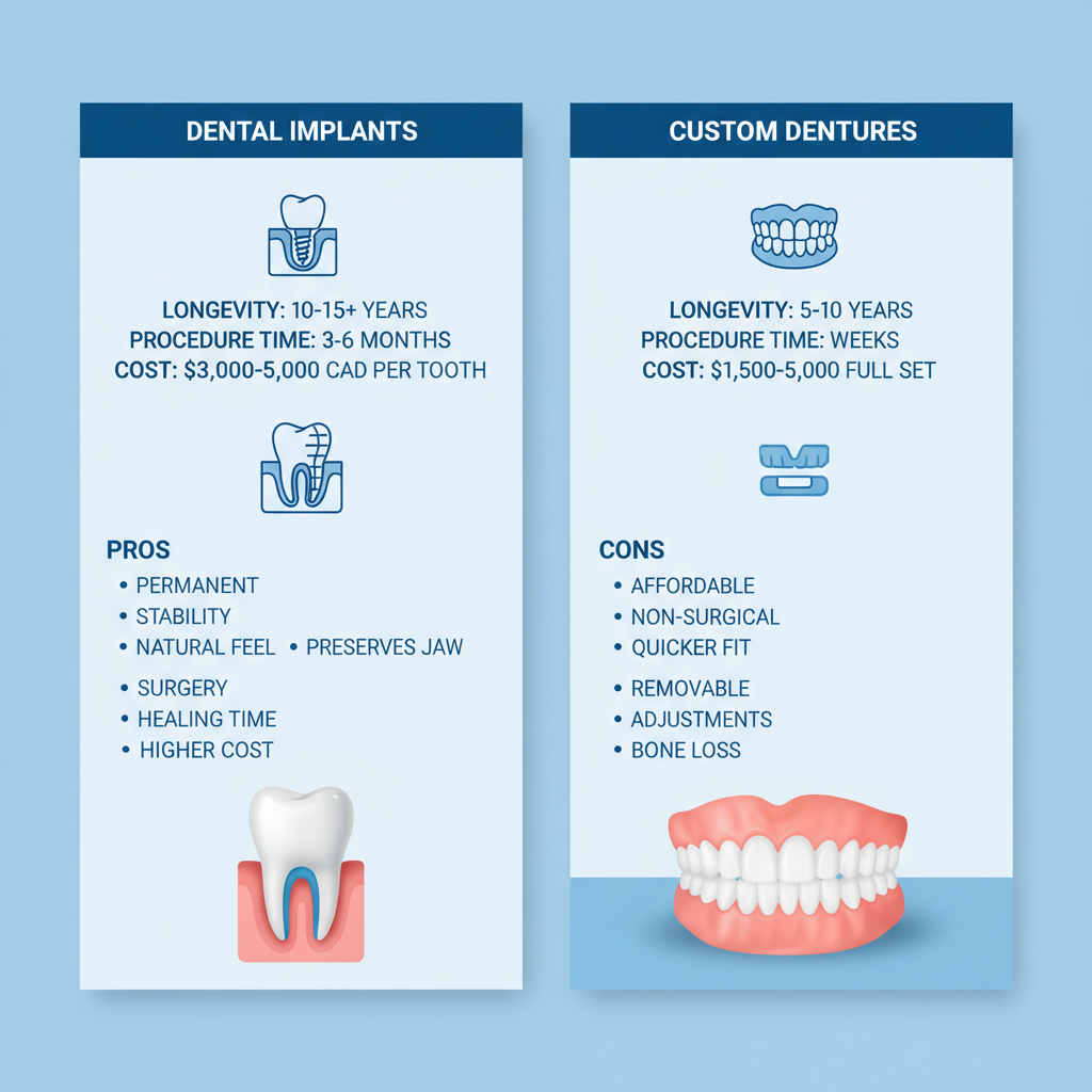 Infographic comparing dental implants and custom dentures, detailing longevity, procedure times, costs, and pros/cons with icons.