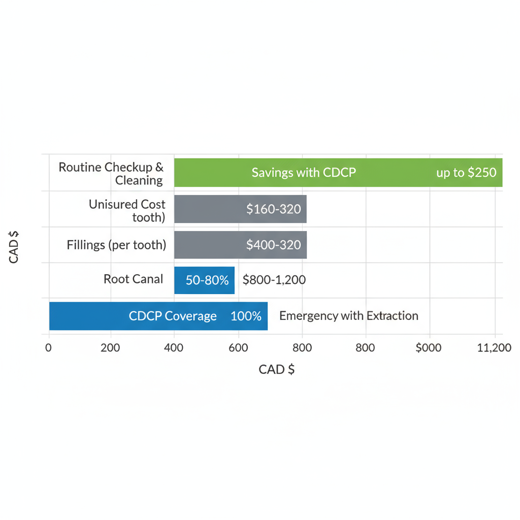 Horizontal bar chart comparing CDCP dental coverage percentages, uninsured costs, and savings for common services in Port Coquitlam