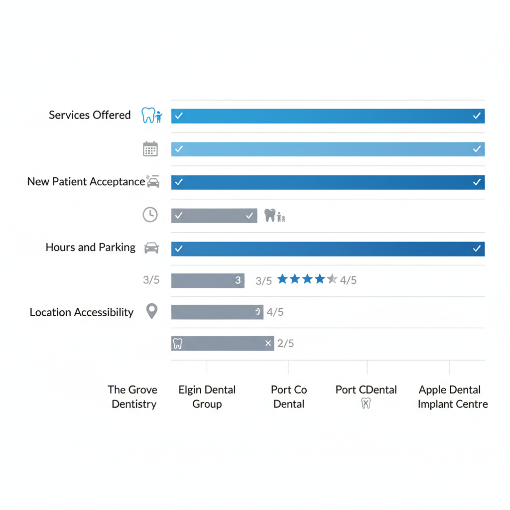 Horizontal bar chart comparing dental clinics in Port Coquitlam across services, patient acceptance, hours, parking, and accessibility with icons.