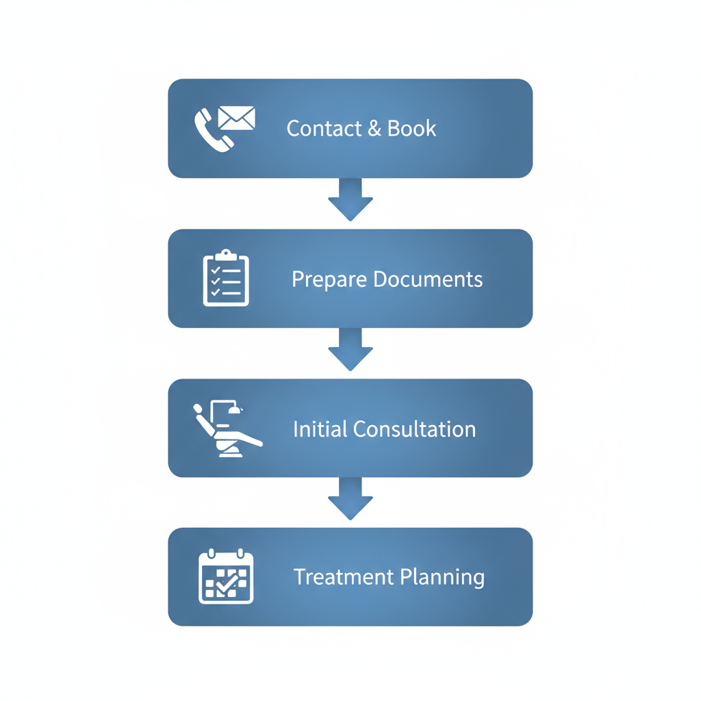 Vertical process flow diagram illustrating the steps to start dental care: contact and book, prepare documents, initial consultation, and treatment planning.