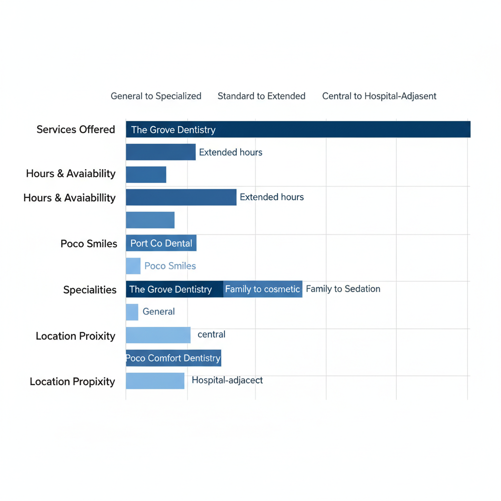 Horizontal bar chart comparing features of top dental clinics in Port Coquitlam across services, hours, specialties, and location
