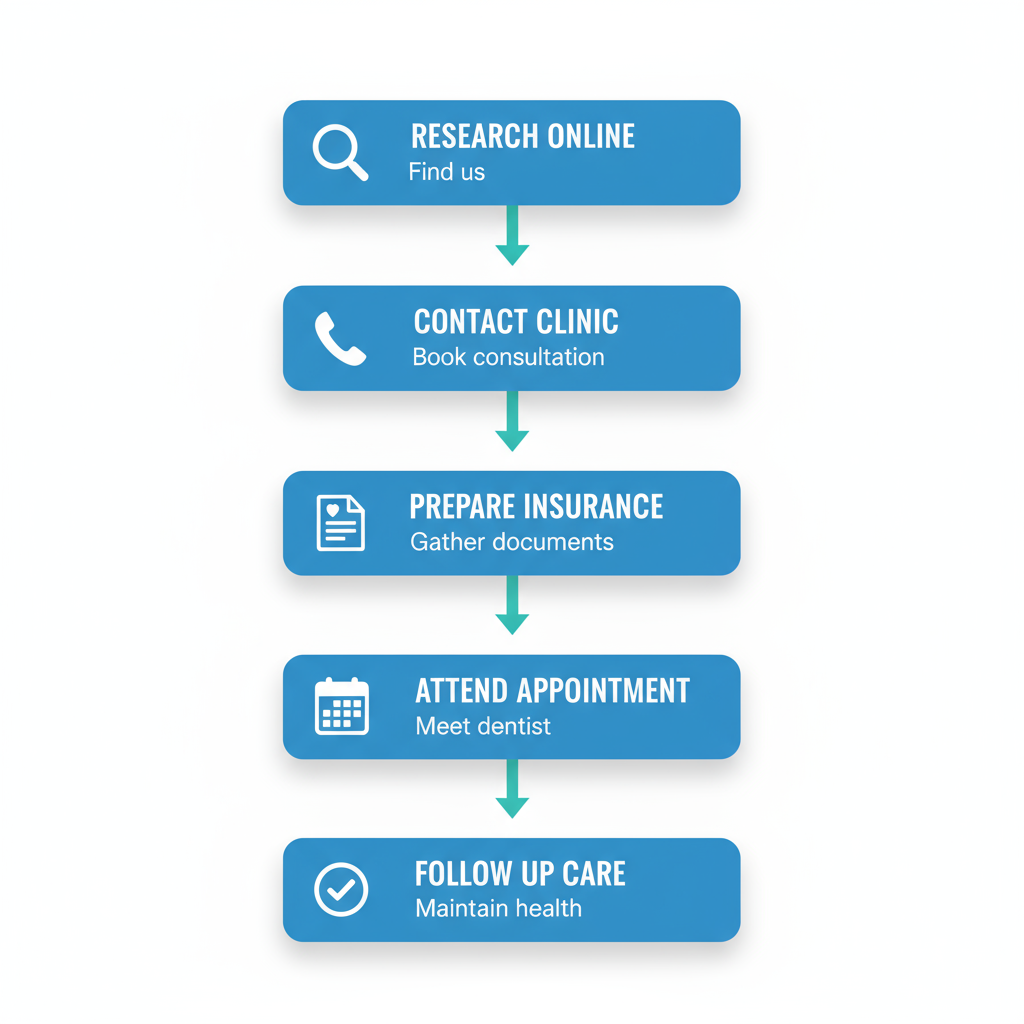 Vertical process flow illustrating five steps for starting dental care: researching clinics, contacting for intake, preparing insurance, attending first appointment, and following up on care.
