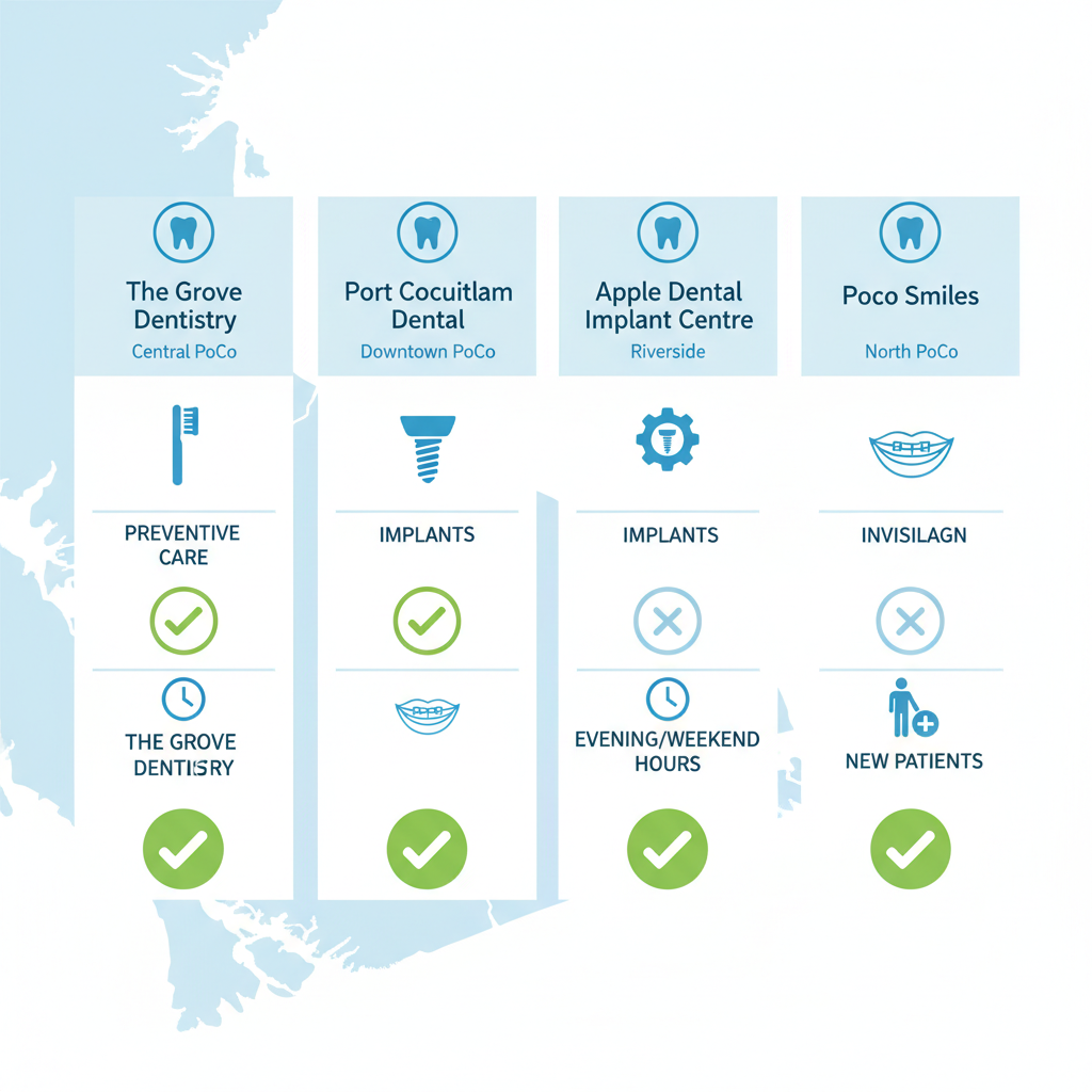 Infographic comparing four dental clinics in Port Coquitlam: locations, key services, and operating hours accessibility.
