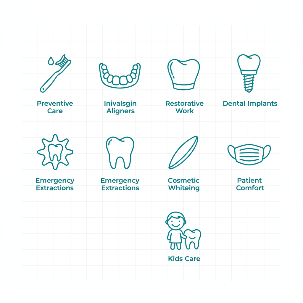 Set of icons depicting various dental services including preventive care, Invisalign, restorative crowns, implants, extractions, veneers, kids care, and sedation.