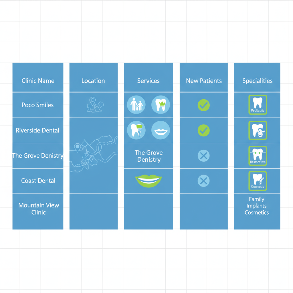 Infographic comparing leading dental clinics in Port Coquitlam, featuring The Grove Dentistry's services and specialties