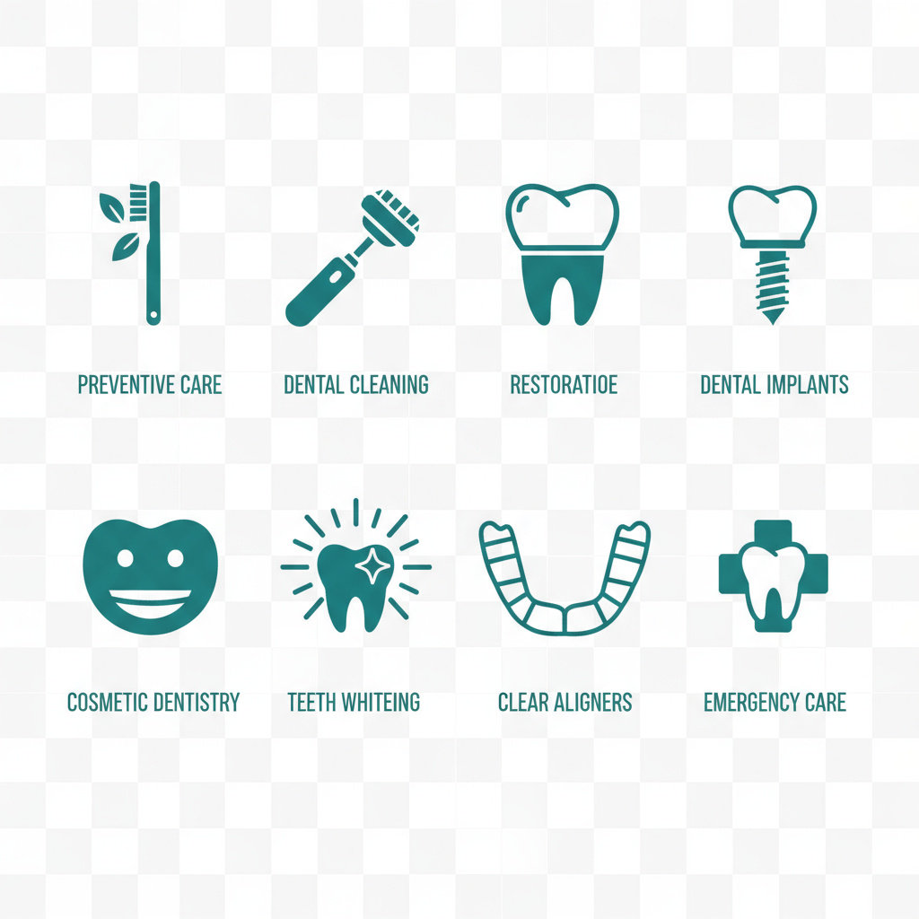 Set of icons depicting various dental services including preventive care, cleanings, restorative treatments, implants, cosmetic dentistry, whitening, Invisalign, and emergency care.