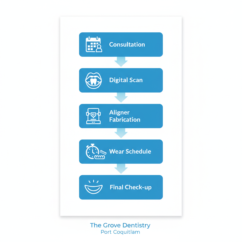 Vertical process flow diagram of Invisalign treatment steps including consultation, scan, fabrication, wear, and check-up
