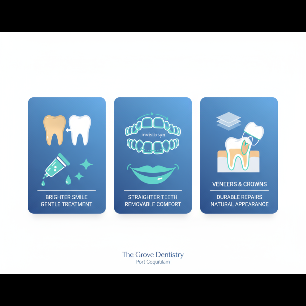Infographic showing three cosmetic dental procedures: teeth whitening, Invisalign, and veneers with crowns