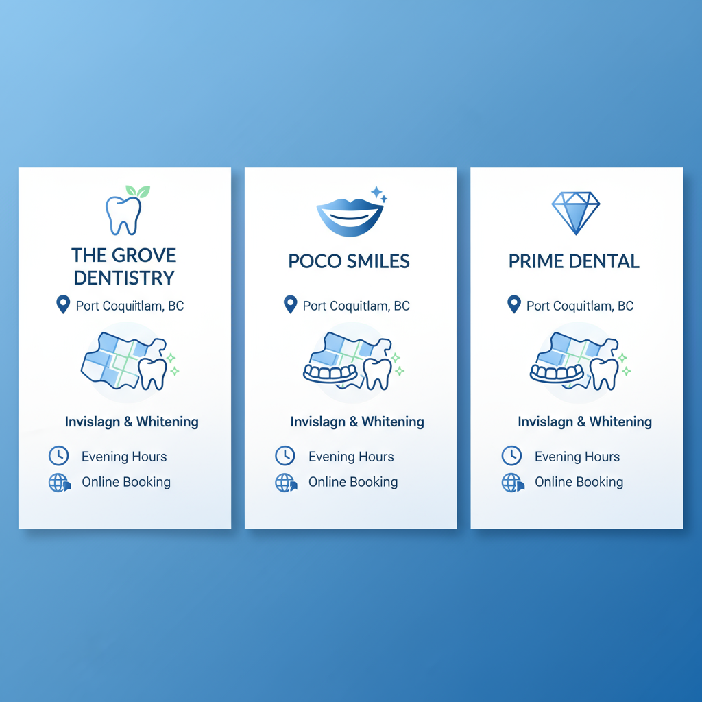 Infographic comparing key features and services of top cosmetic dentistry clinics in Port Coquitlam: The Grove Dentistry, PoCo Smiles, and Prime Dental