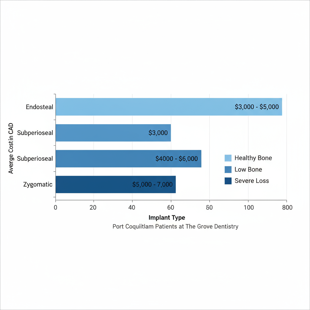 Horizontal bar chart comparing average costs of Endosteal, Subperiosteal, and Zygomatic dental implants in CAD