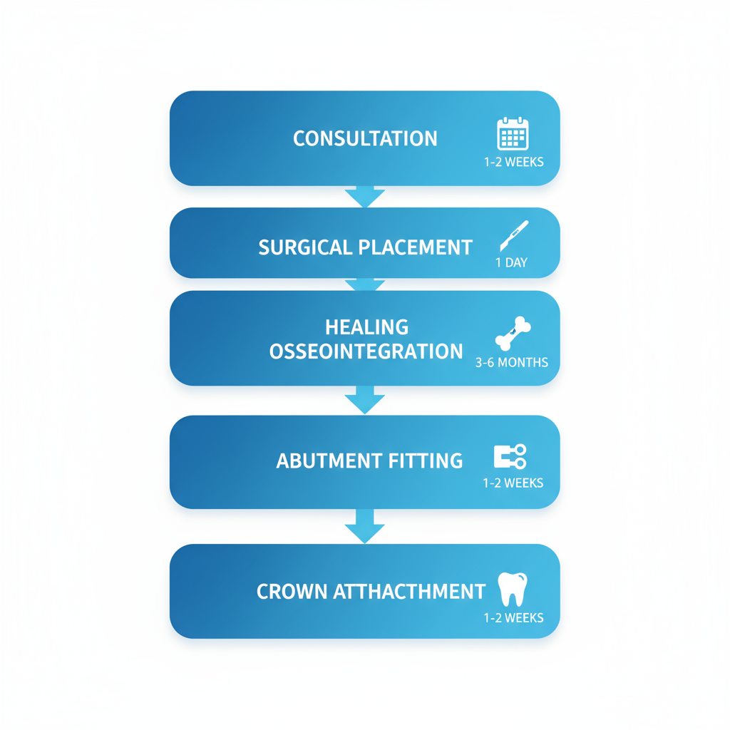 Vertical process flow diagram of five stages in dental implant procedure with icons and timelines