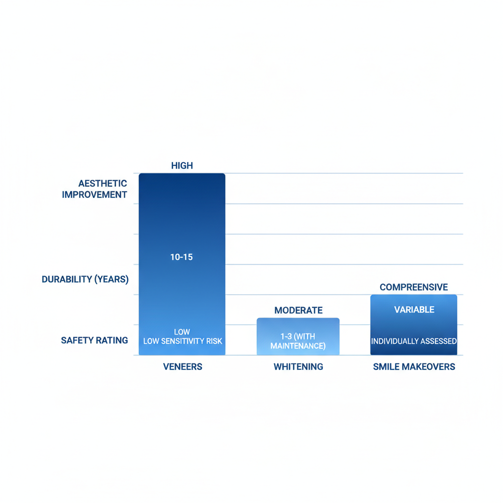 Bar chart illustrating aesthetic, durability, and safety benefits of veneers, teeth whitening, and smile makeovers in cosmetic dentistry.
