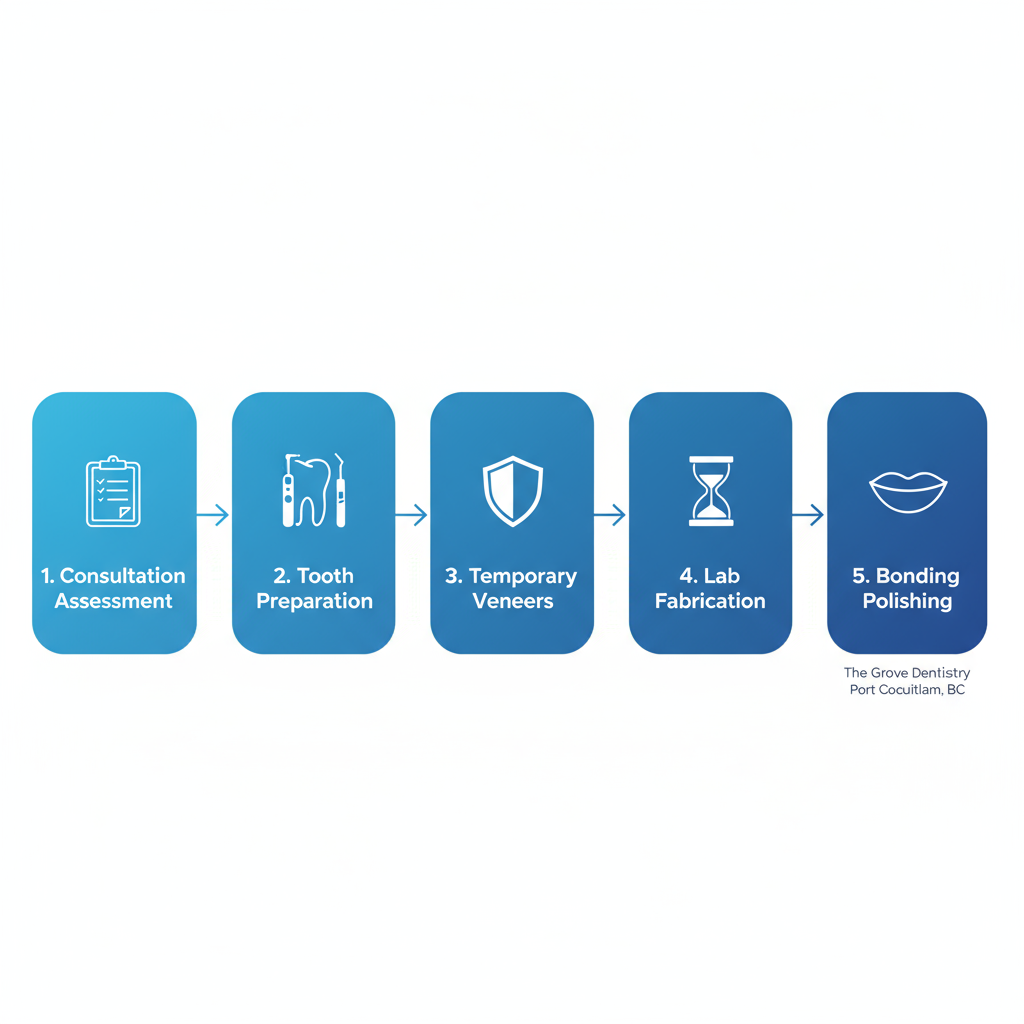 Horizontal process flow diagram illustrating five steps of dental veneer application: consultation, preparation, temporary placement, fabrication, and bonding