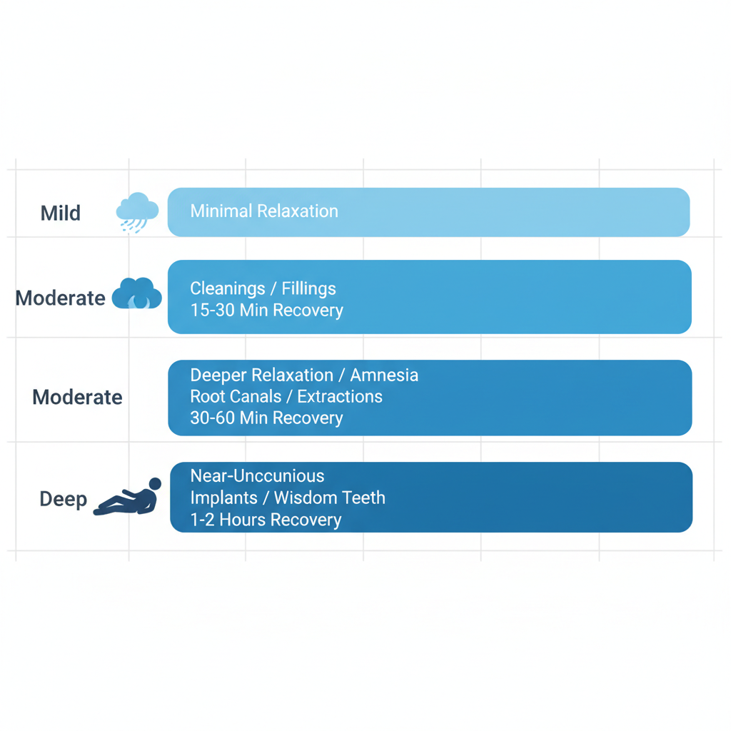 Horizontal bar chart comparing mild, moderate, and deep sedation dentistry levels with icons, descriptions, uses, and recovery times