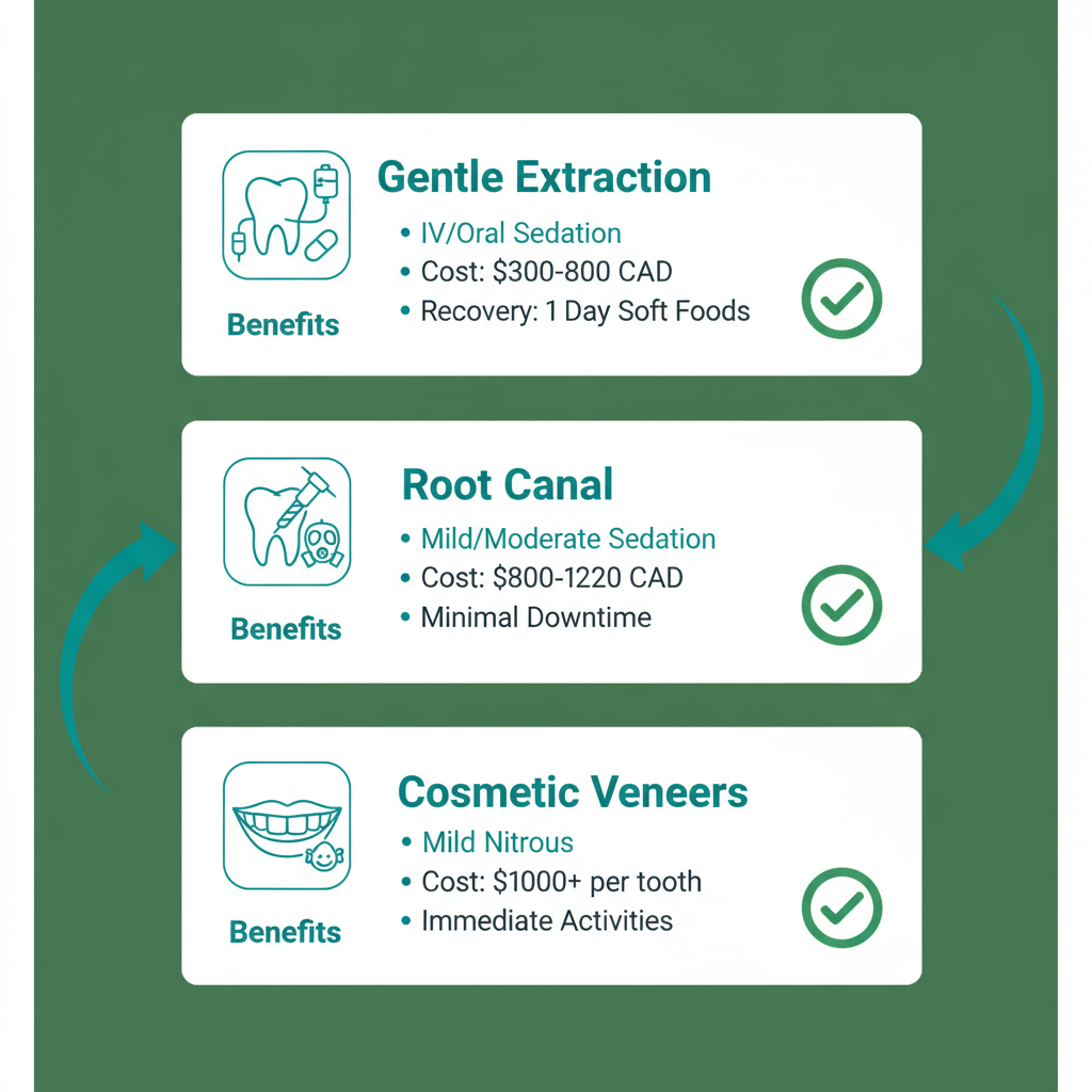 Infographic depicting sedation options for dental procedures including tooth extraction, root canal, and veneers with costs and recovery details
