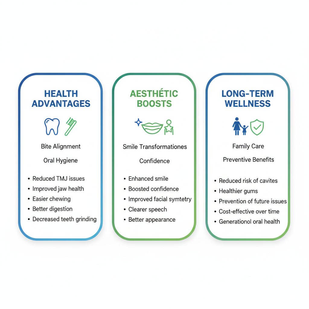 Infographic illustrating health, aesthetic, and long-term benefits of orthodontic treatments with icons and labels.