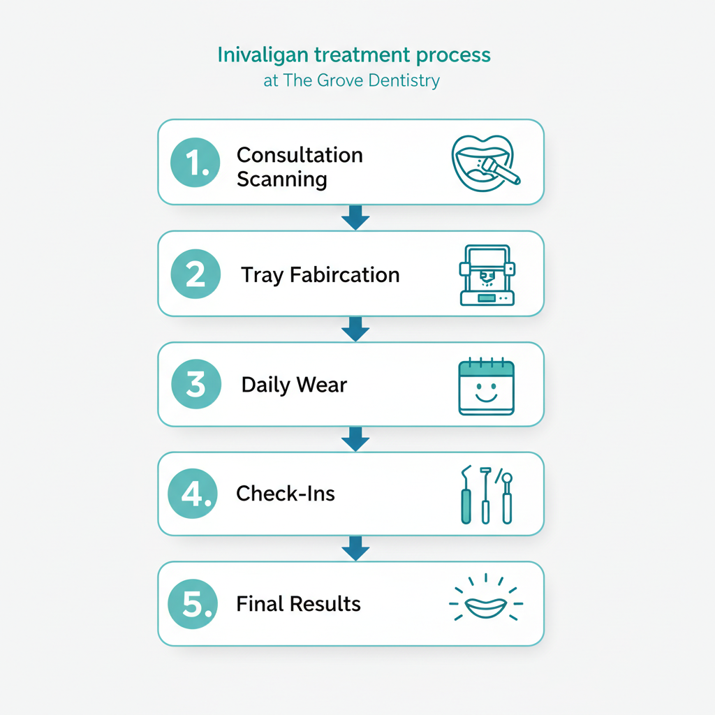 Vertical process flow diagram showing five steps of Invisalign treatment at The Grove Dentistry with icons and minimal labels