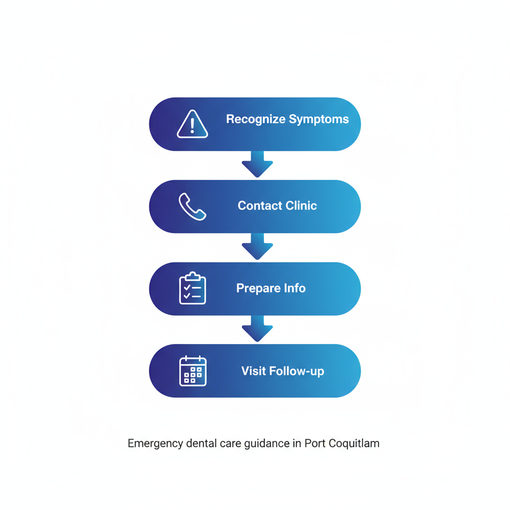 Vertical process flow diagram showing steps for seeking emergency dental help in Port Coquitlam