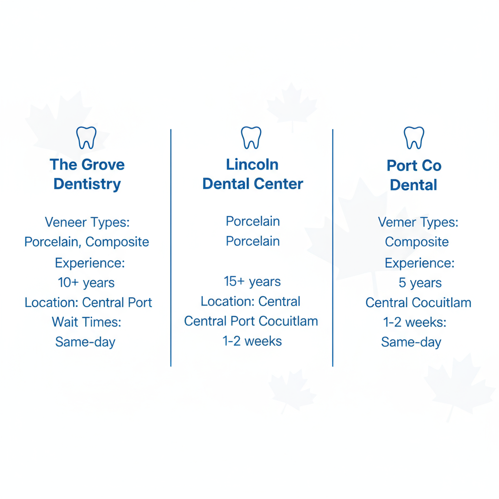 Infographic comparing dental veneer services at local Port Coquitlam clinics including types, experience, location, and wait times.