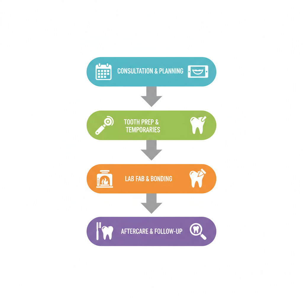 Vertical process flow diagram showing four stages of dental veneers procedure: consultation and planning, tooth preparation and temporaries, lab fabrication and bonding, aftercare and follow-up.