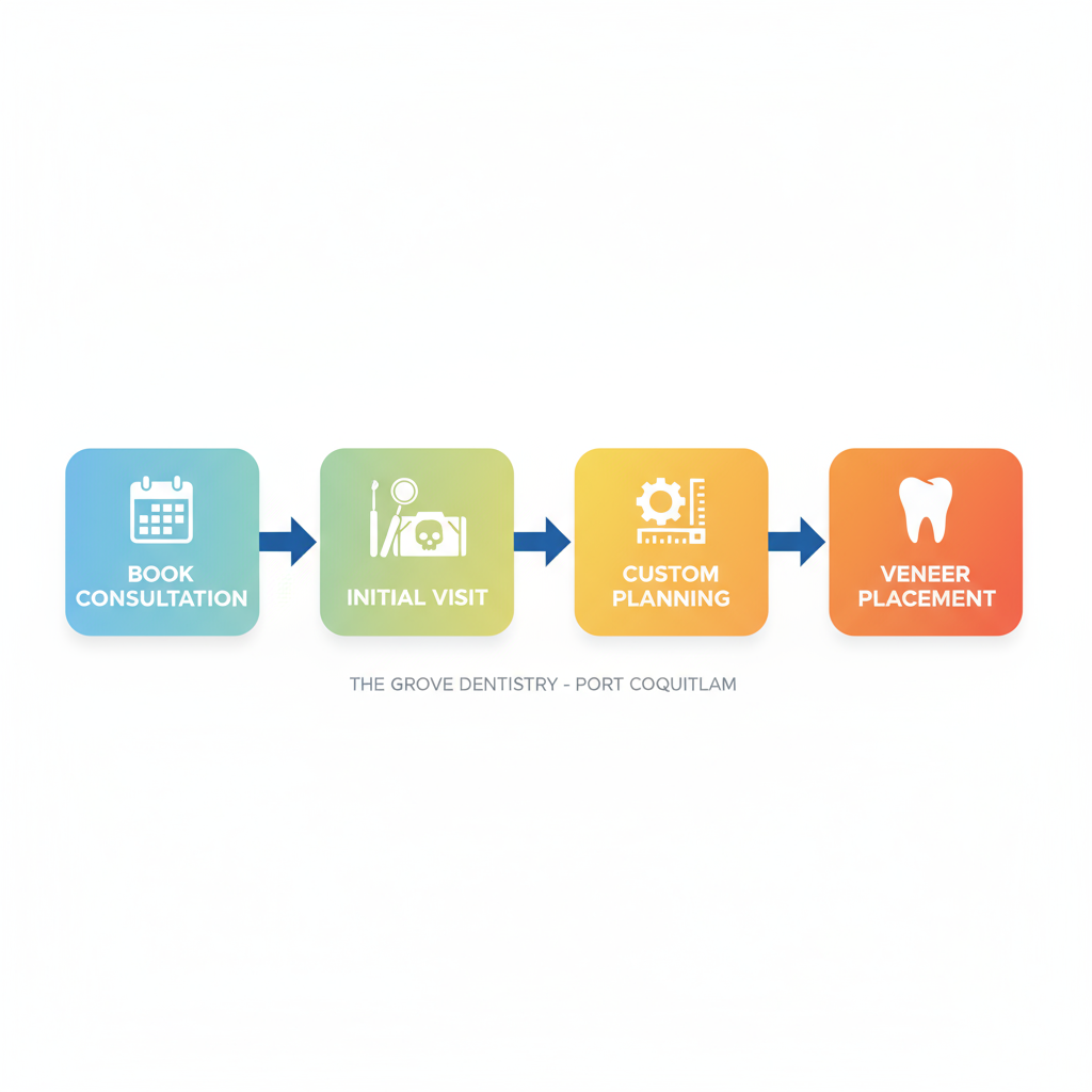 Horizontal process flow diagram illustrating the four key stages of starting veneer treatment at The Grove Dentistry in Port Coquitlam