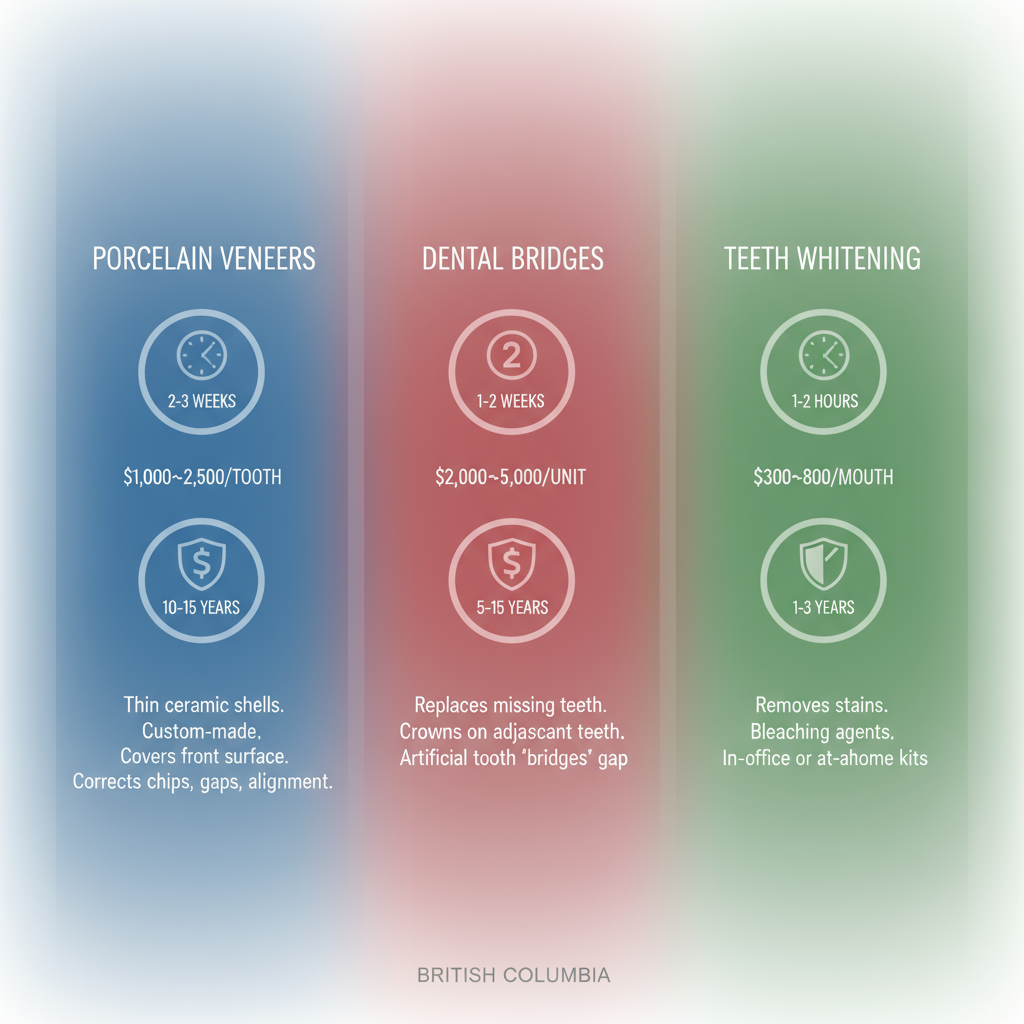 Infographic comparing porcelain veneers, dental bridges, and teeth whitening by procedure time, cost, and durability with icons and minimal labels.