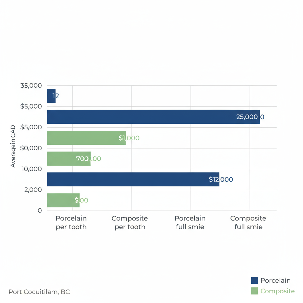 Bar chart comparing costs of porcelain and composite veneers per tooth and full smile makeover in Port Coquitlam