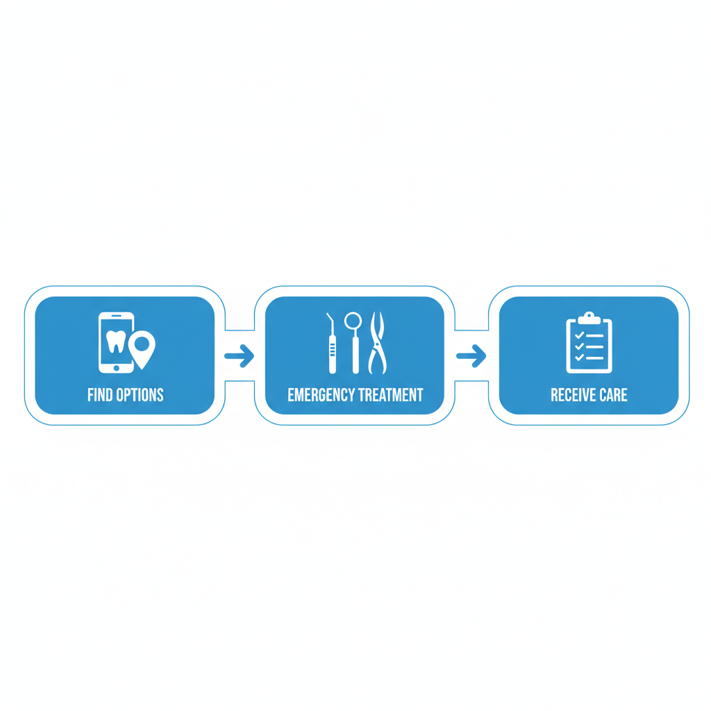 Horizontal process flow diagram illustrating three stages of emergency dental services: finding and accessing local 24-hour options, services provided during emergencies, and step-by-step process from call to care.