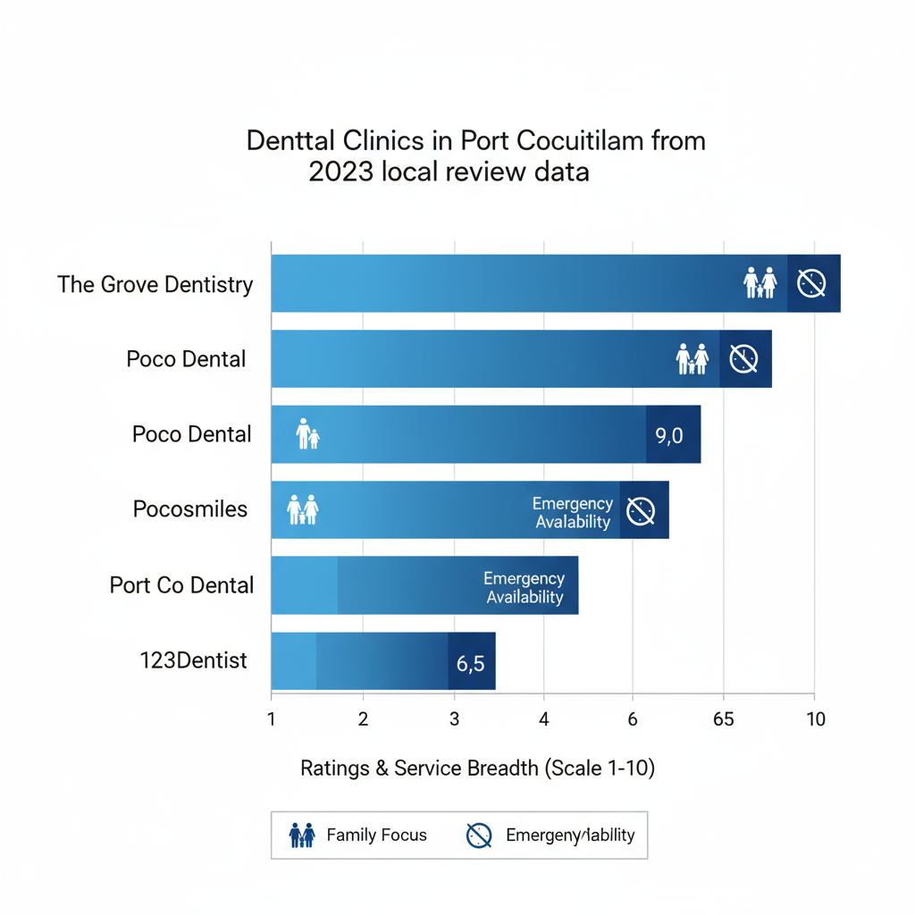Horizontal bar chart comparing ratings and service breadth of dental clinics in Port Coquitlam, including The Grove Dentistry and others, with blue gradient bars and icons for family and emergency services.