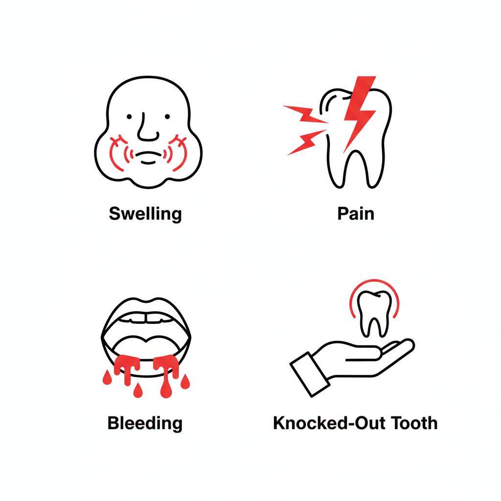Four icons depicting common dental emergency signs: facial swelling, severe tooth pain, mouth bleeding, and knocked-out tooth.